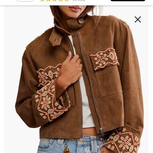 Free People Brown Suede Cropped Beaded Jacket
